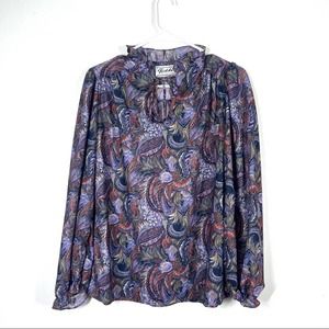 VINTAGE 70s Paisley Hippie Boho Semi Sheer Tie Neck Blouse Purple Red 12